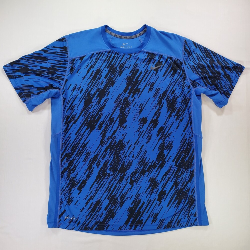 Nike Dri-Fit Shirt Men XL Blue Compression Crewneck Athletic Fit Mesh Curved Hem
